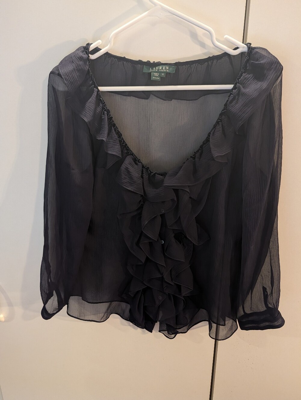 Lauren Ralph Lauren Womans Large PSheer Navy Ruffle Front Blouse With Skirt Silk
